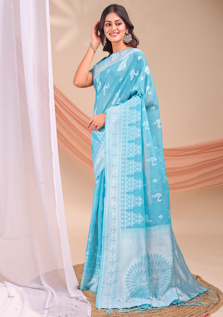 Sky Blue Wevon Jacquard Designer Linen Cotton Saree Set