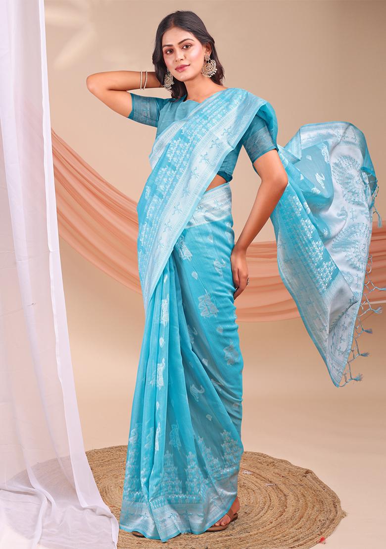 Sky Blue Wevon Jacquard Designer Linen Cotton Saree Set