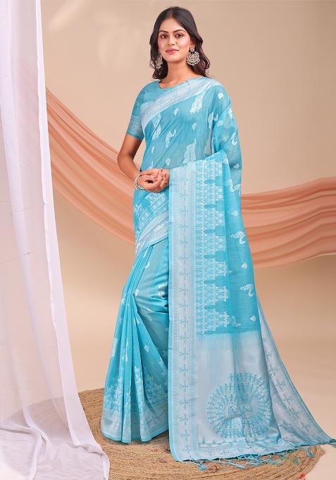 Sky Blue Wevon Jacquard Designer Linen Cotton Saree Set