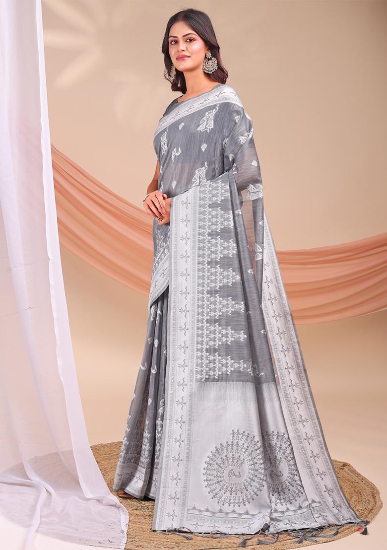 Grey Wevon Jacquard Designer Linen Cotton Saree Set