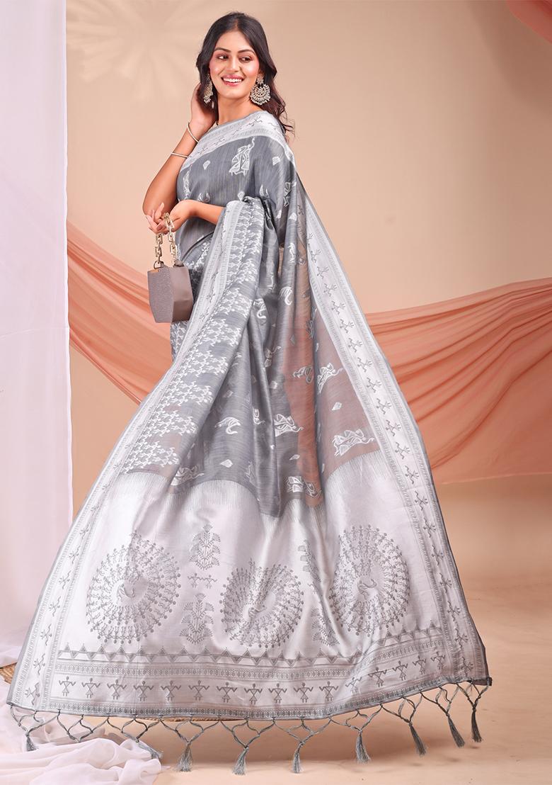 Grey Wevon Jacquard Designer Linen Cotton Saree Set