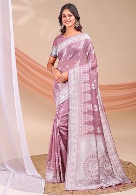 Purple Wevon Jacquard Designer Linen Cotton Saree Set