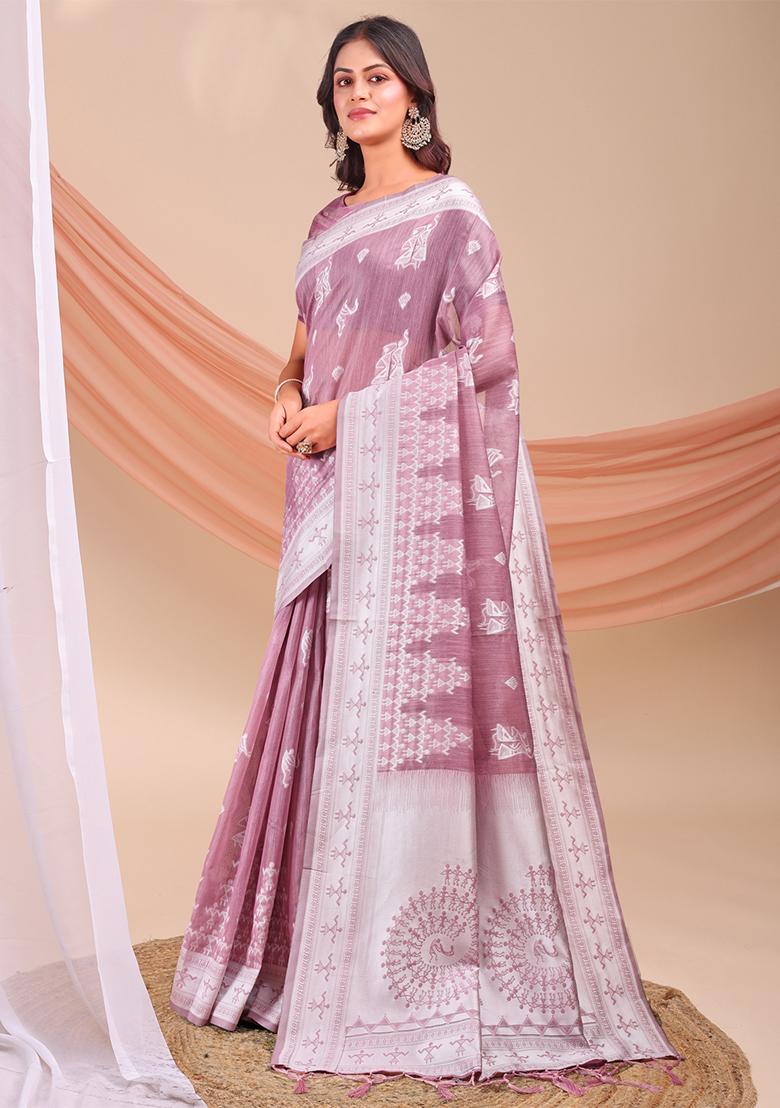 Purple Wevon Jacquard Designer Linen Cotton Saree Set