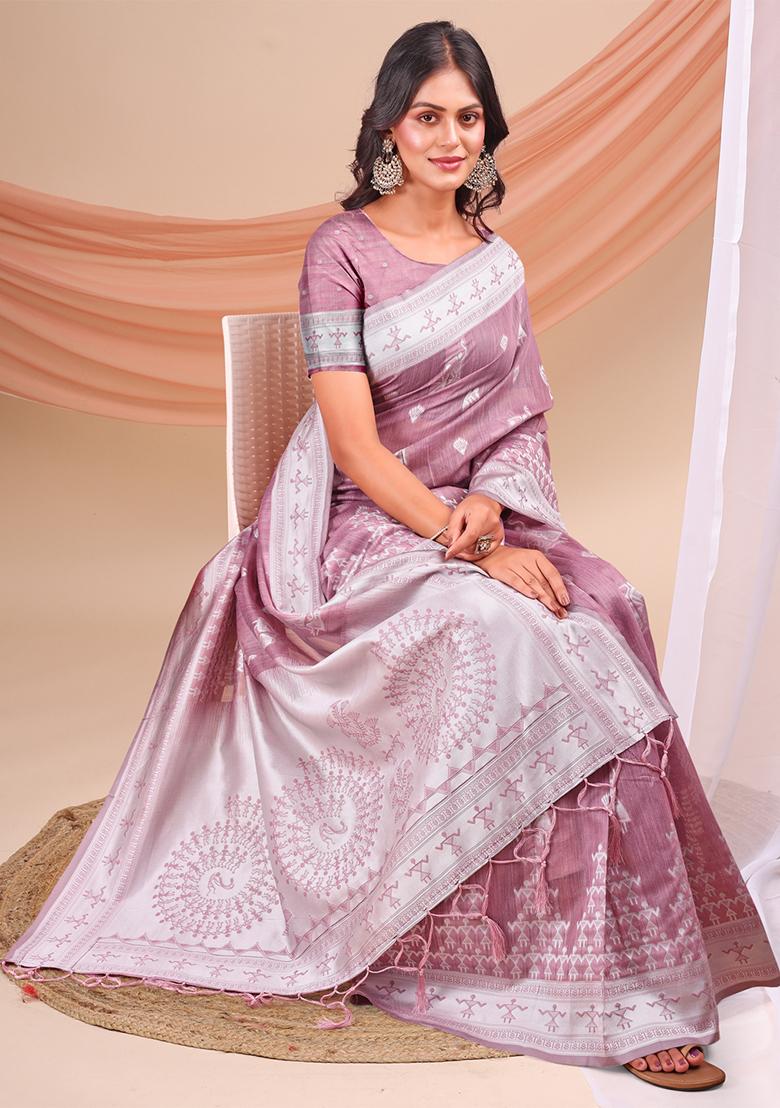 Purple Wevon Jacquard Designer Linen Cotton Saree Set