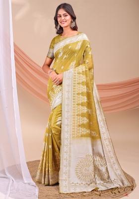 Mustard Yellow Wevon Jacquard Designer Linen Cotton Saree Set