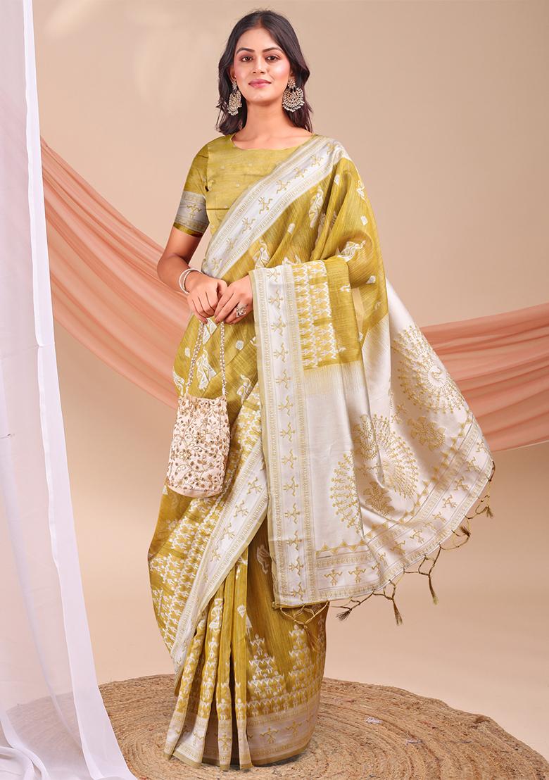 Mustard Yellow Wevon Jacquard Designer Linen Cotton Saree Set