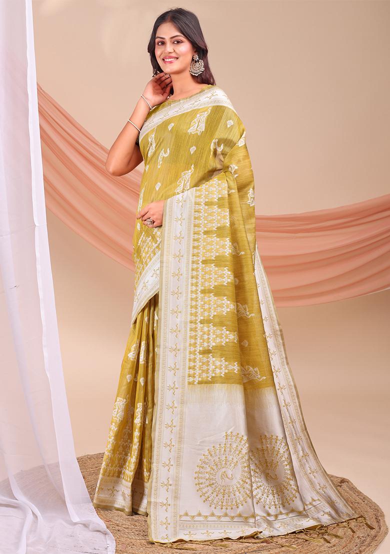 Mustard Yellow Wevon Jacquard Designer Linen Cotton Saree Set
