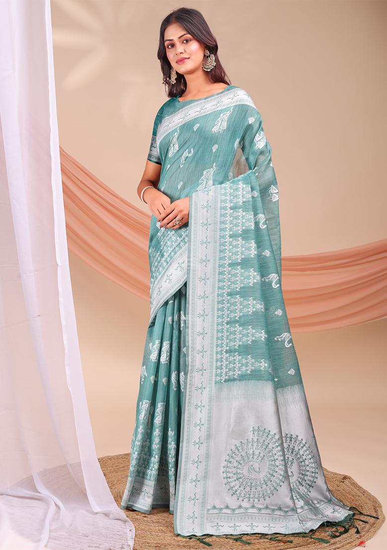 Sea Green Wevon Jacquard Designer Linen Cotton Saree Set