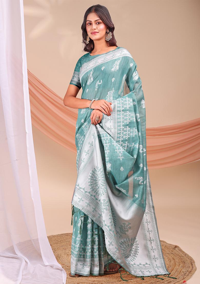 Sea Green Wevon Jacquard Designer Linen Cotton Saree Set