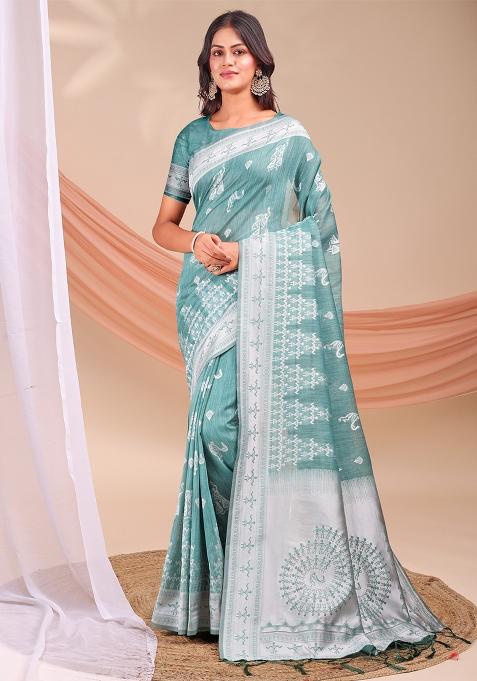 Sea Green Wevon Jacquard Designer Linen Cotton Saree Set