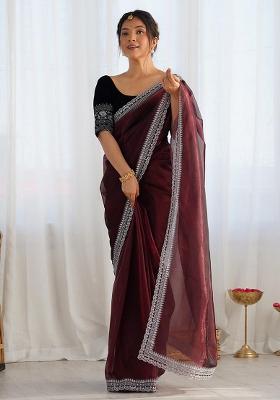 Coffee Brown Embroidered Twill Net Saree Set