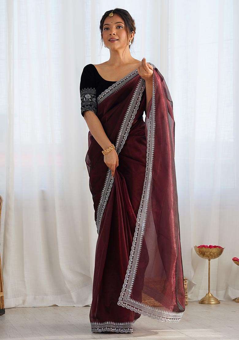 Coffee Brown Embroidered Twill Net Saree Set - Indya