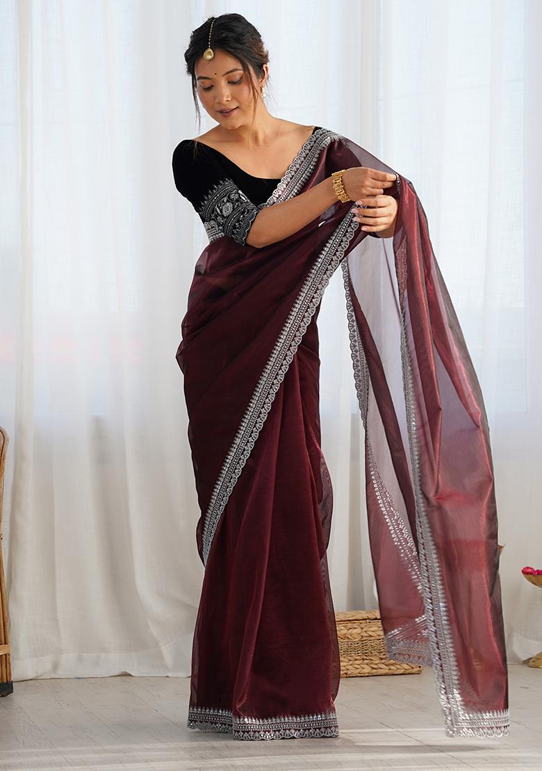 Coffee Brown Embroidered Twill Net Saree Set
