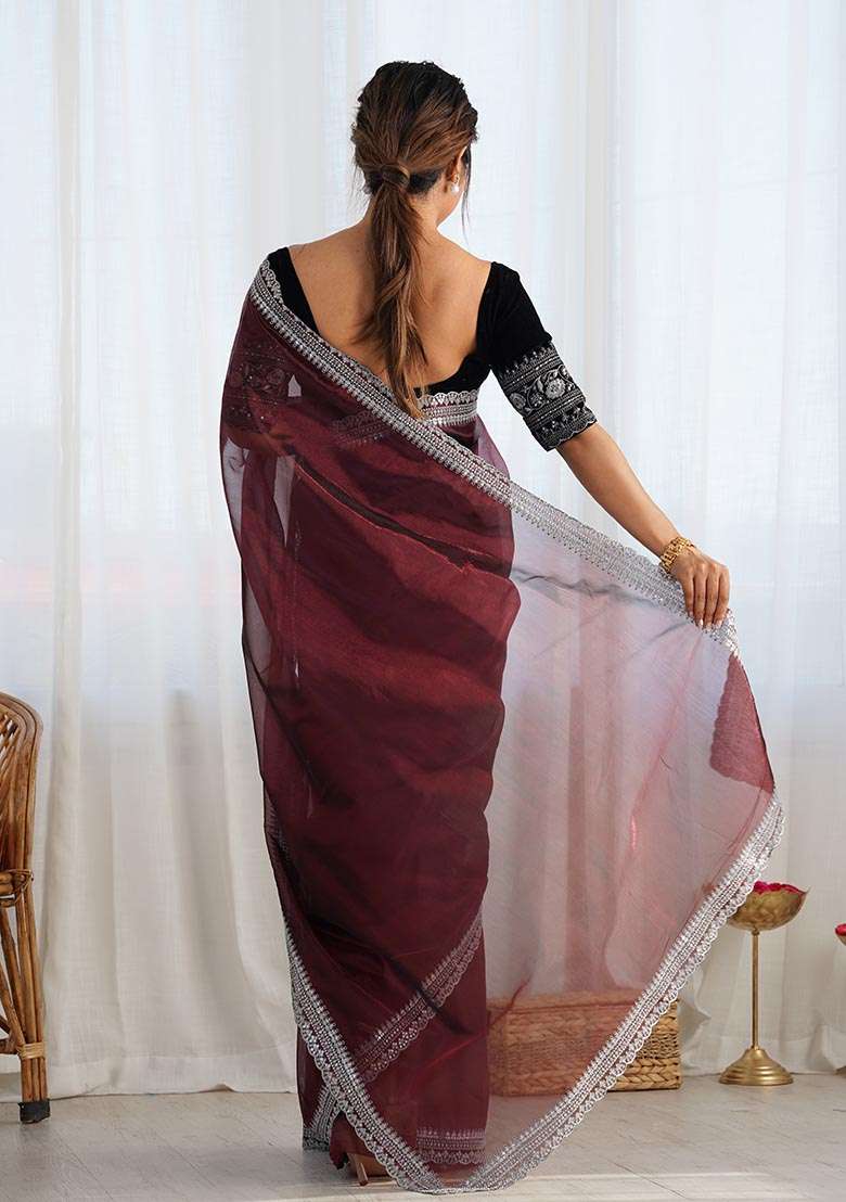 Coffee Brown Embroidered Twill Net Saree Set - Indya