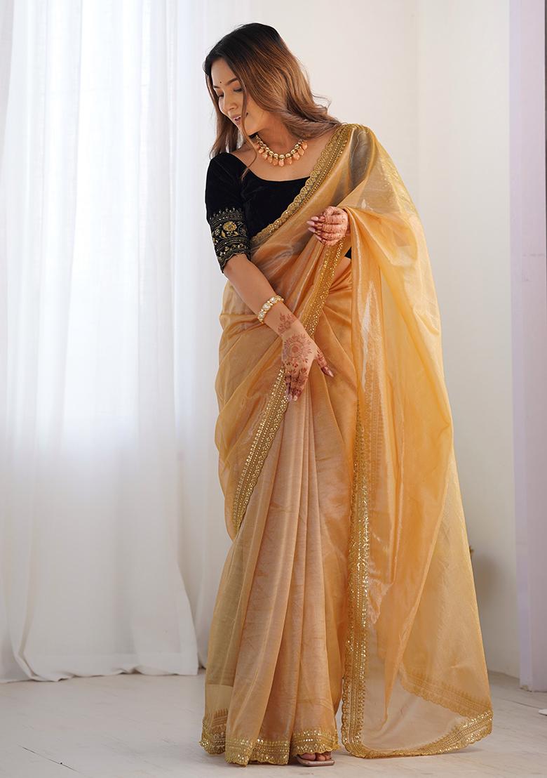 Gold Embroidered Twill Net Saree Set