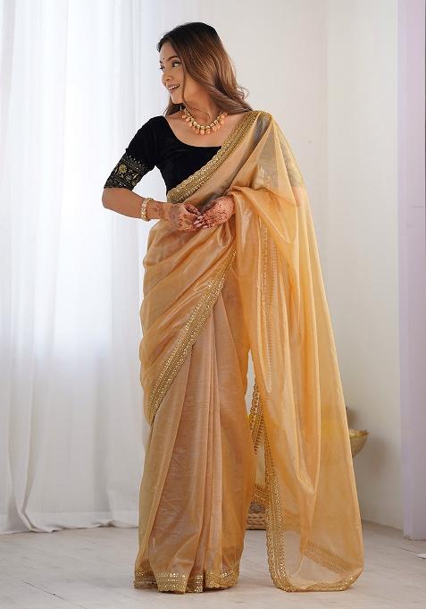 Gold Embroidered Twill Net Saree Set