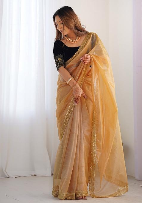 Gold Embroidered Twill Net Saree Set