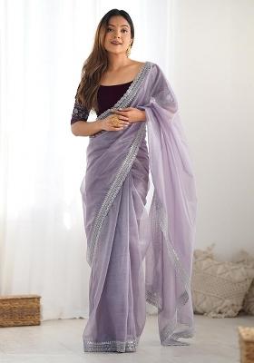 Lavender Embroidered Twill Net Saree Set