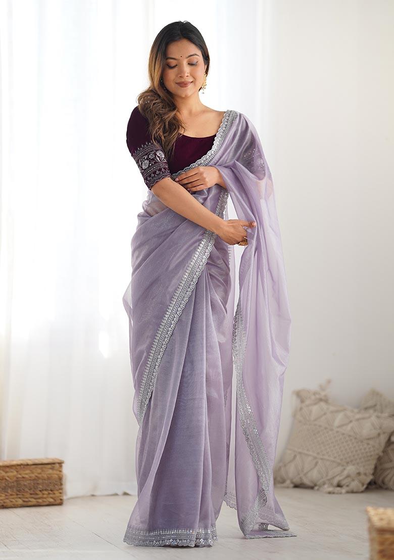 Lavender Embroidered Twill Net Saree Set
