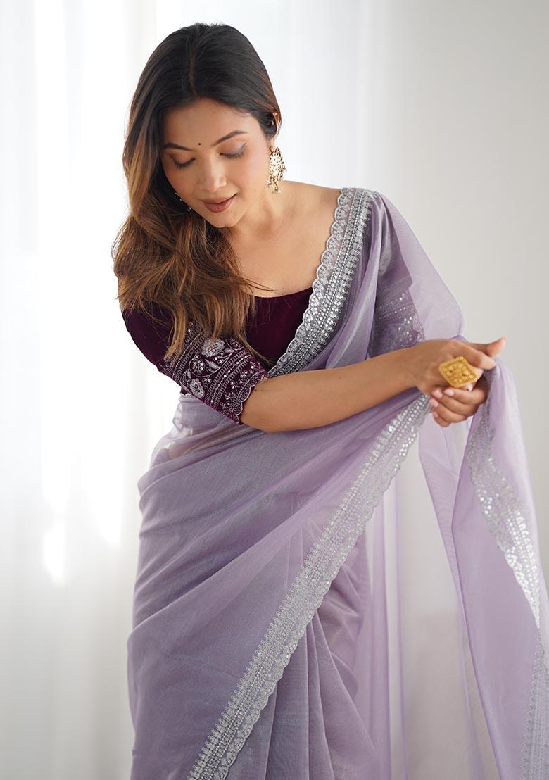 Lavender Embroidered Twill Net Saree Set