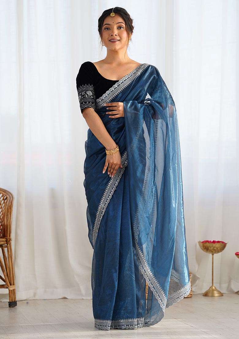 Petrol Blue Embroidered Twill Net Saree Set - Indya
