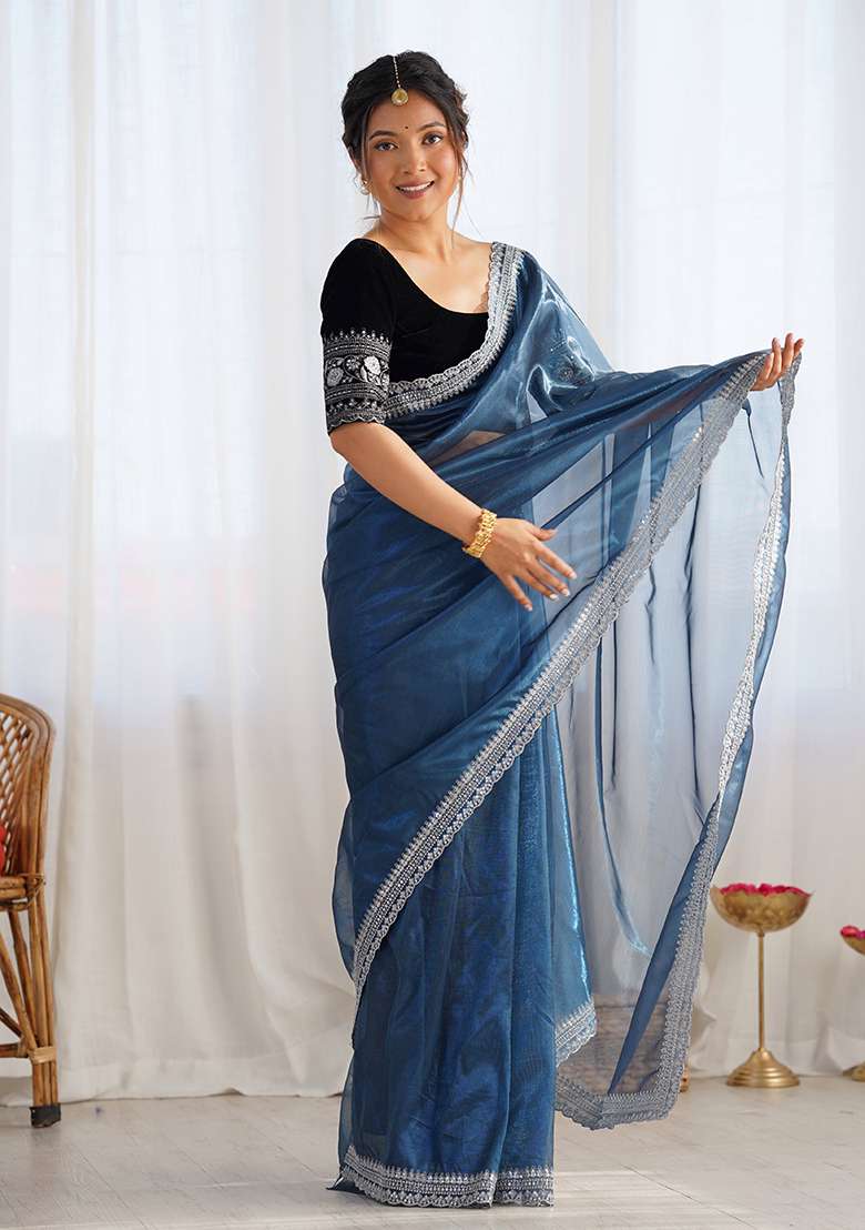 Petrol Blue Embroidered Twill Net Saree Set - Indya
