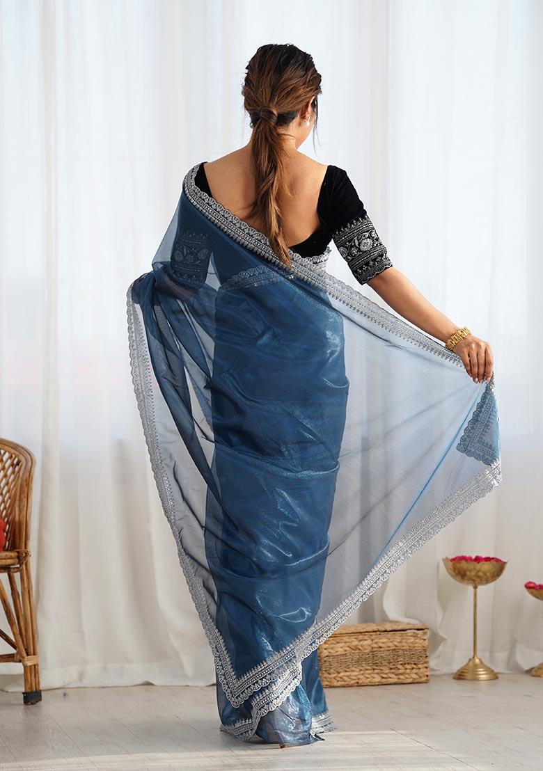 Petrol Blue Embroidered Twill Net Saree Set