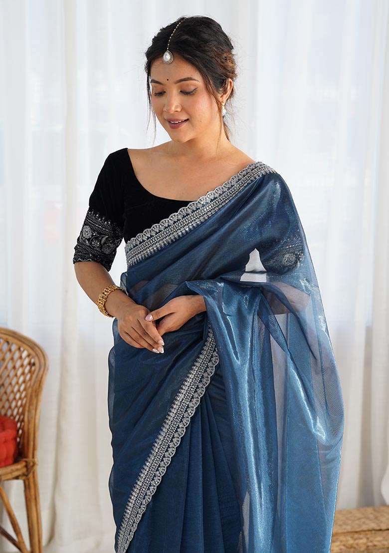 Petrol Blue Embroidered Twill Net Saree Set - Indya