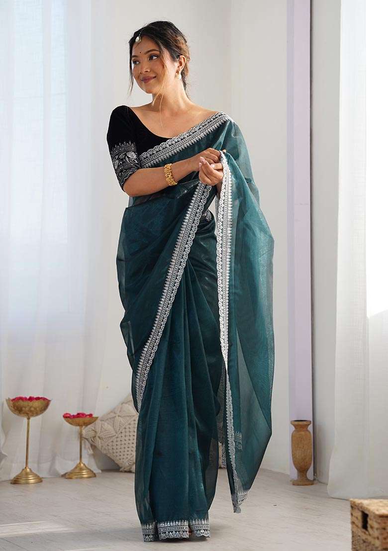 Rama Green Embroidered Twill Net Saree Set - Indya