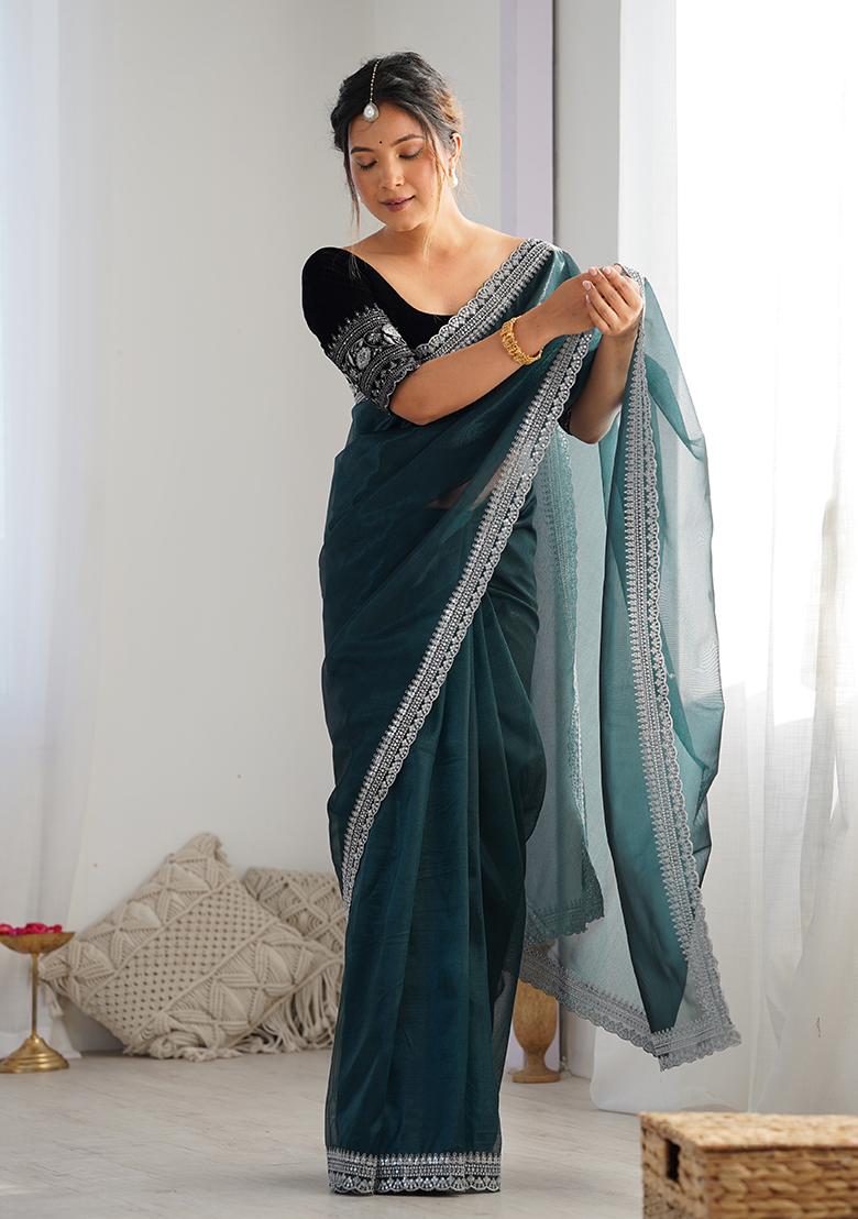 Rama Green Embroidered Twill Net Saree Set