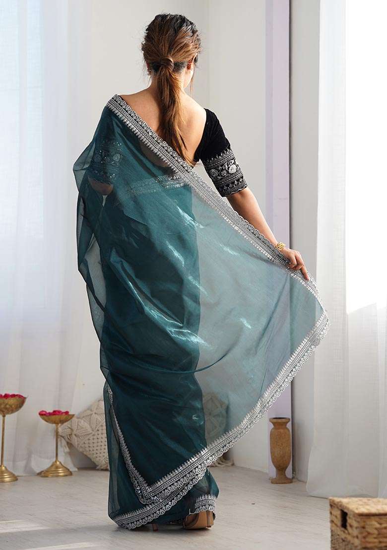 Rama Green Embroidered Twill Net Saree Set - Indya