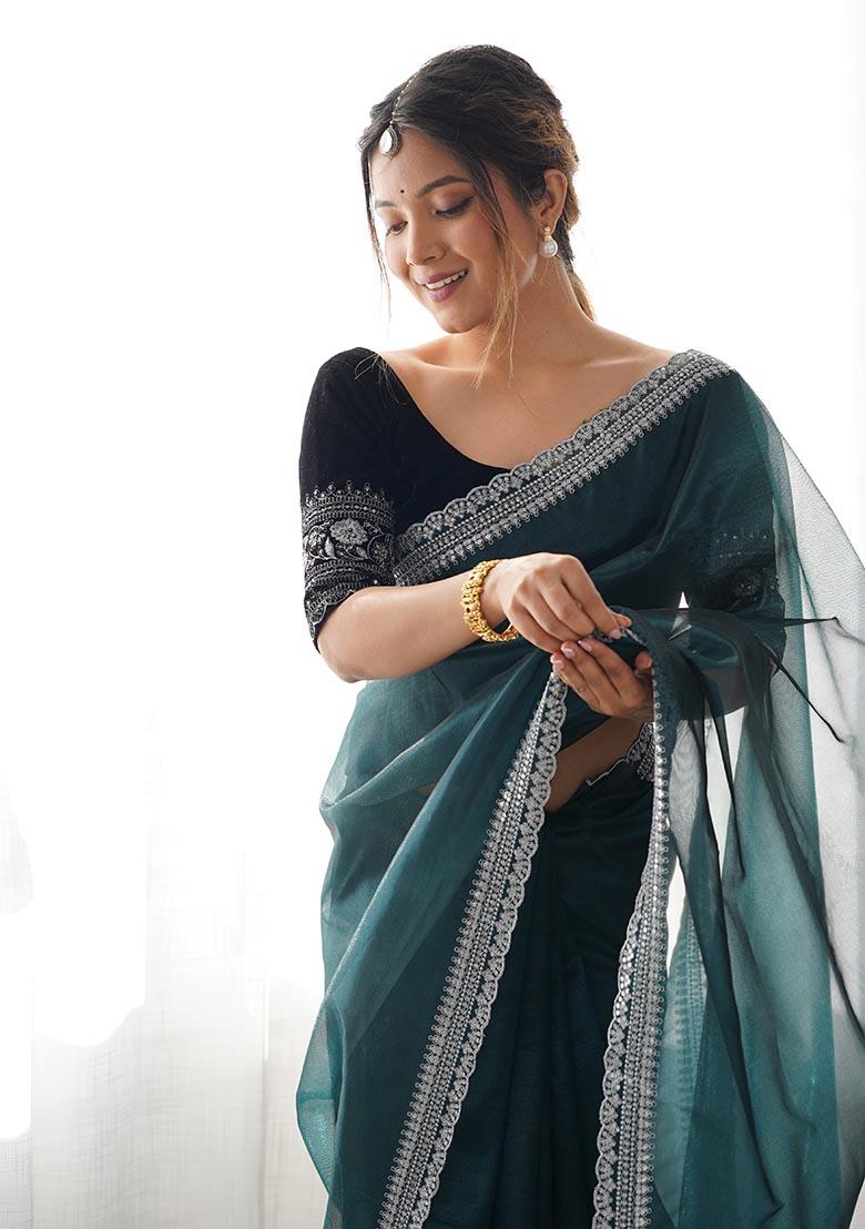 Rama Green Embroidered Twill Net Saree Set