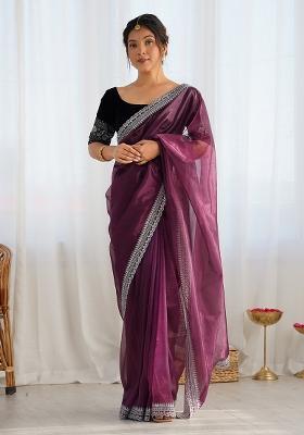 Wine Embroidered Twill Net Saree Set