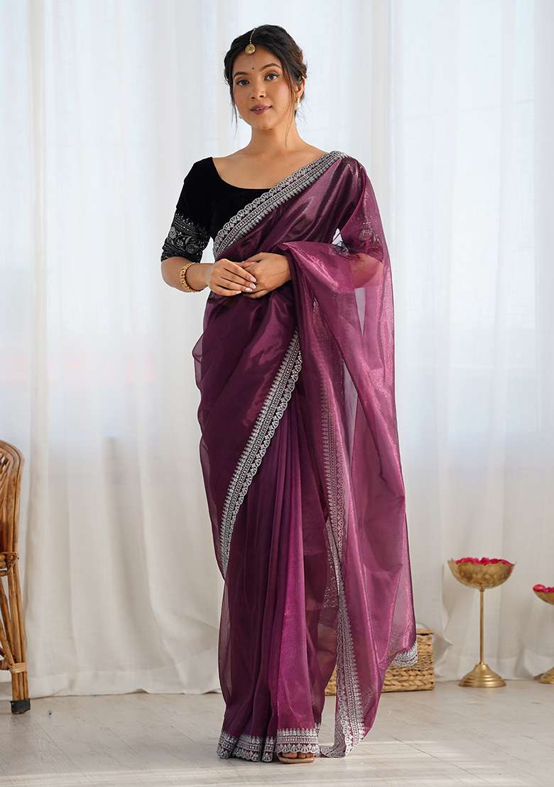 Wine Embroidered Twill Net Saree Set - Indya