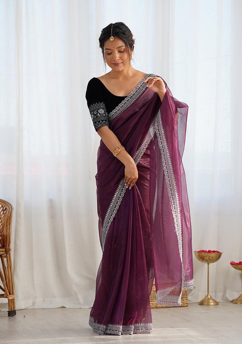 Wine Embroidered Twill Net Saree Set