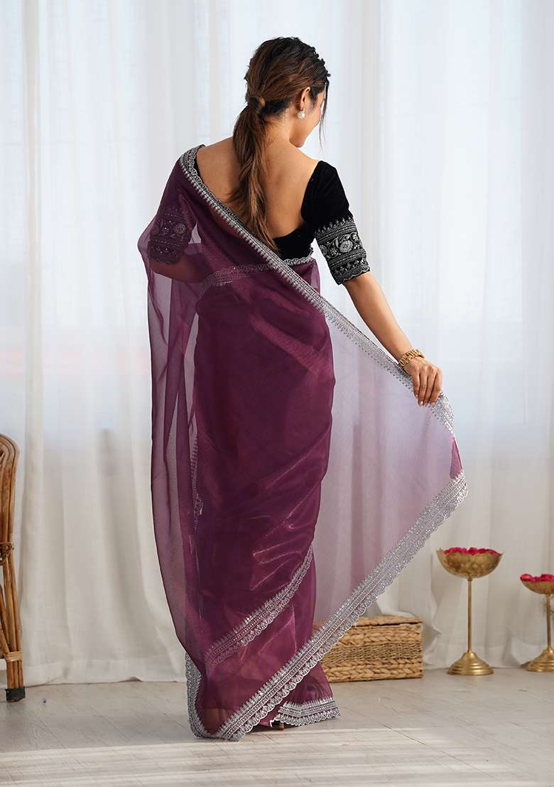 Wine Embroidered Twill Net Saree Set - Indya