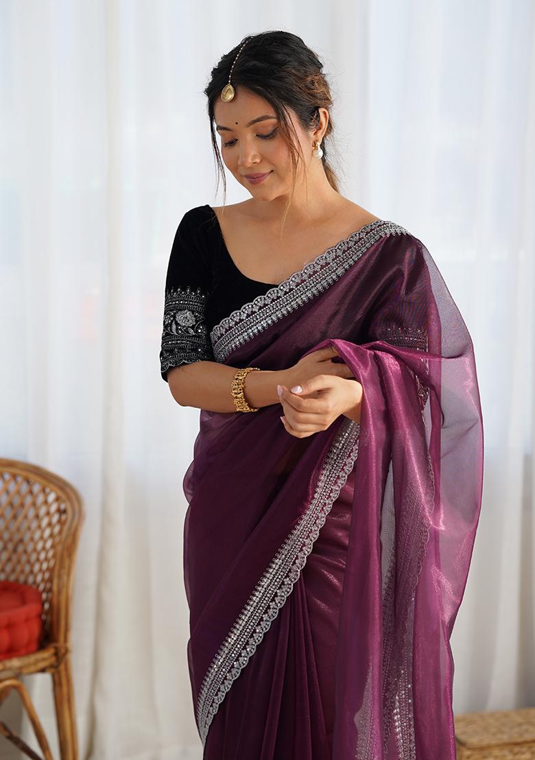 Wine Embroidered Twill Net Saree Set