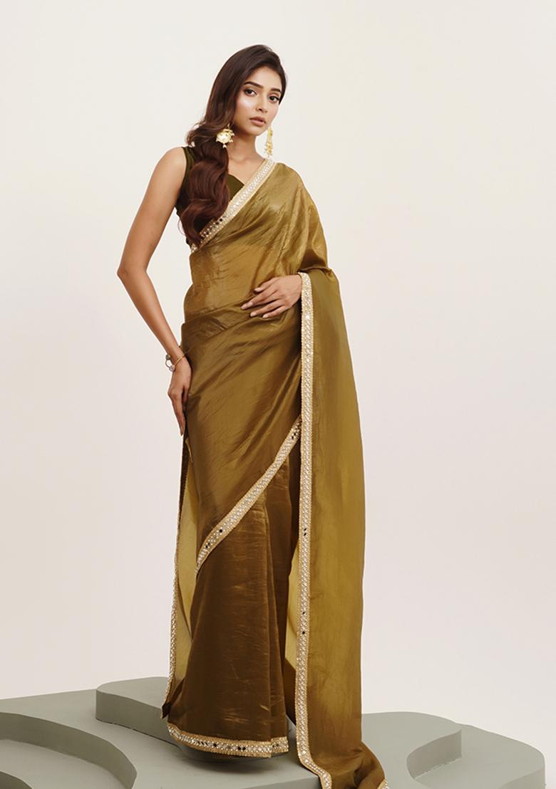 Mehandi Green Mirror Work Embellished Tissue Saree Set