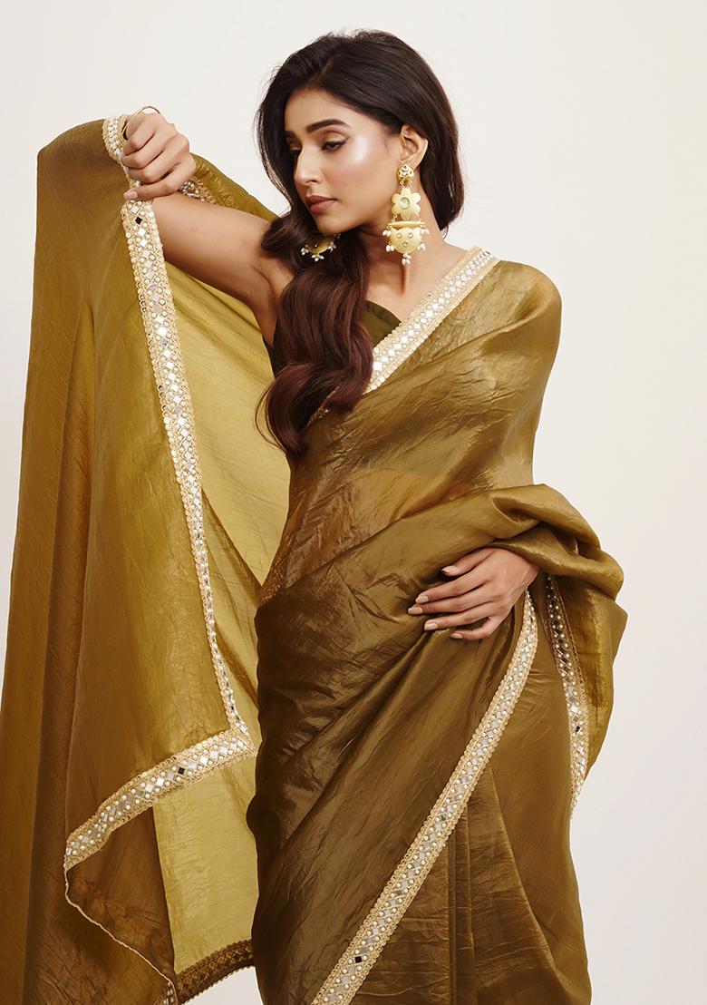 Mehandi Green Mirror Work Embellished Tissue Saree Set