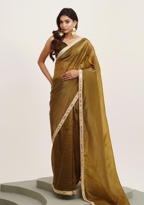 Mehandi Green Mirror Work Embellished  Tissue Saree Set