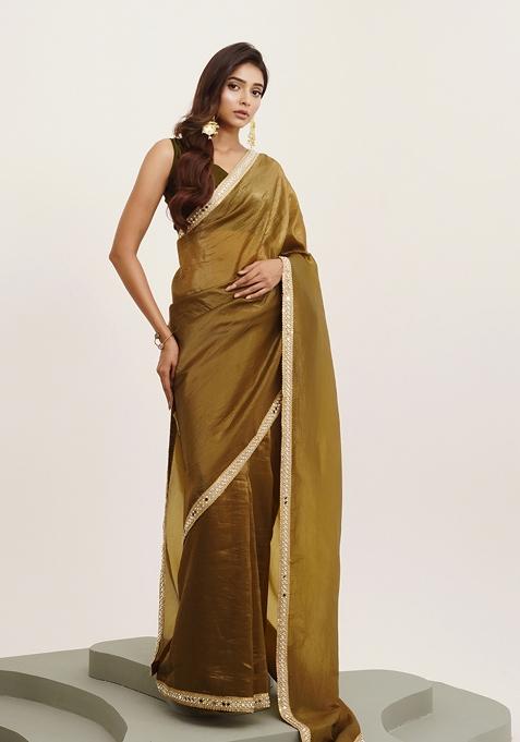 Mehandi Green Mirror Work Embellished Tissue Saree Set