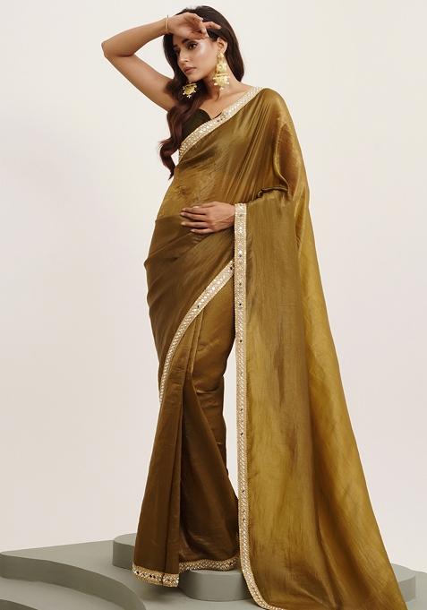 Mehandi Green Mirror Work Embellished Tissue Saree Set
