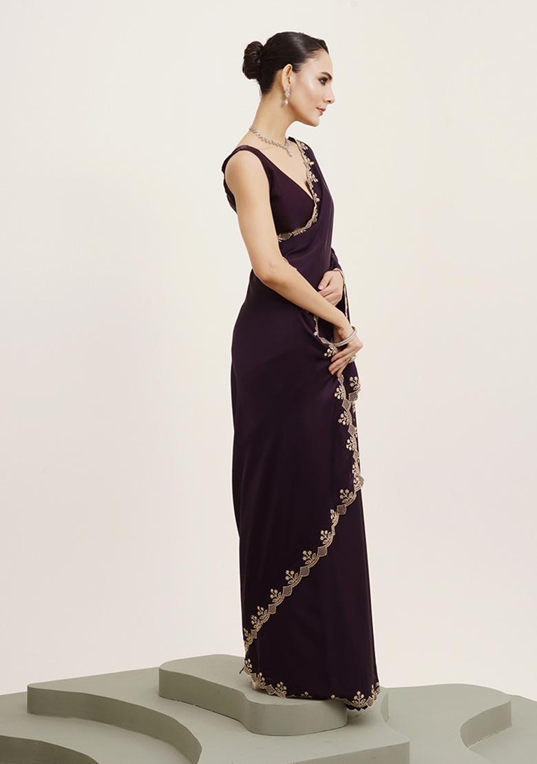 Purple Embellished Beads And Stones Work Satin Saree Set