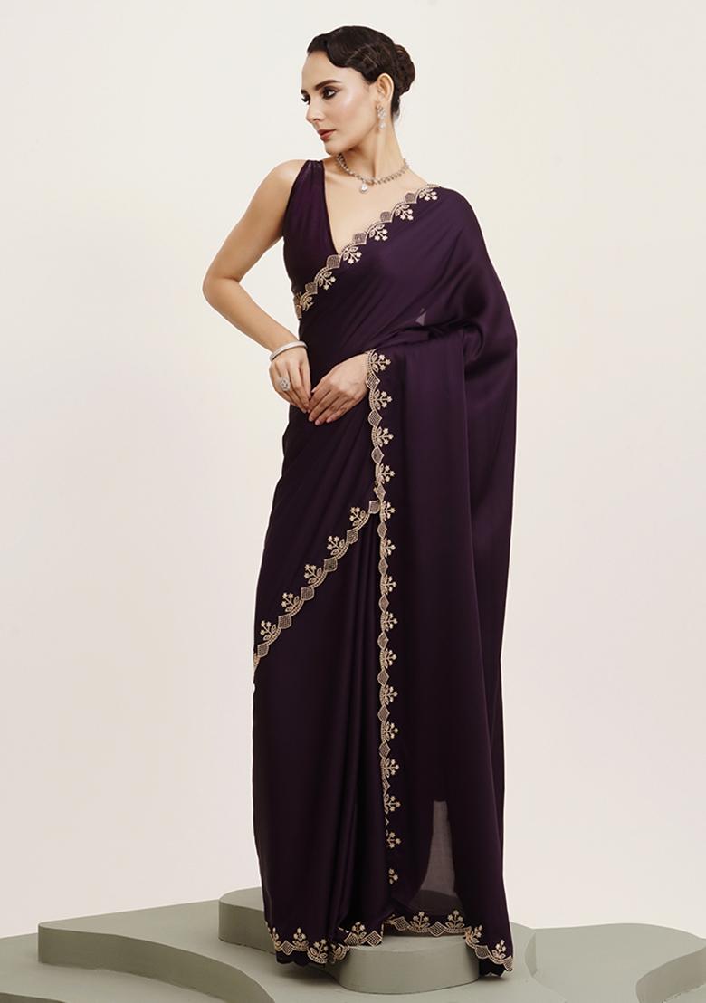 Purple Embellished Beads And Stones Work Satin Saree Set