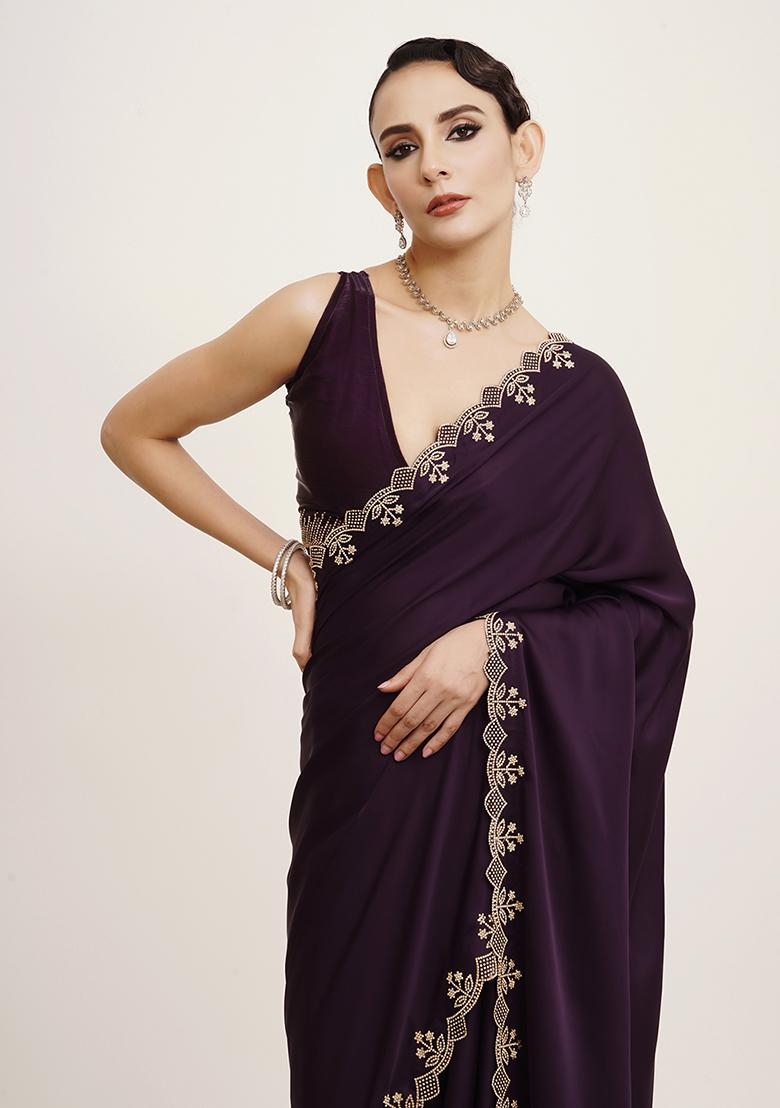 Purple Embellished Beads And Stones Work Satin Saree Set