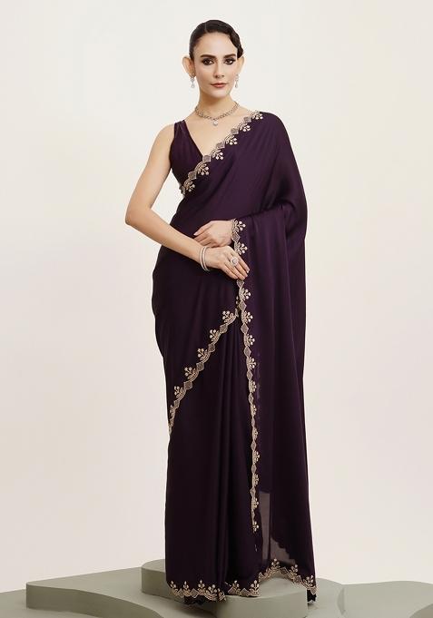 Purple Embellished Beads And Stones Work Satin Saree Set