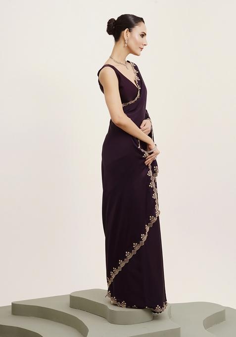 Purple Embellished Beads And Stones Work Satin Saree Set