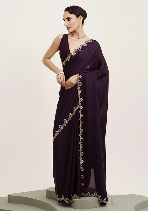 Purple Embellished Beads And Stones Work Satin Saree Set