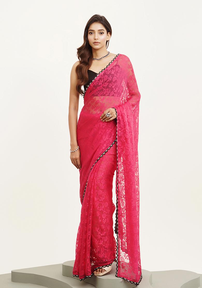 Pink Embellished Beads And Stones Work Brasso Saree Set