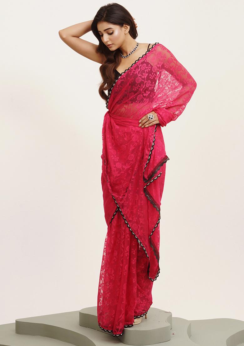 Pink Embellished Beads And Stones Work Brasso Saree Set